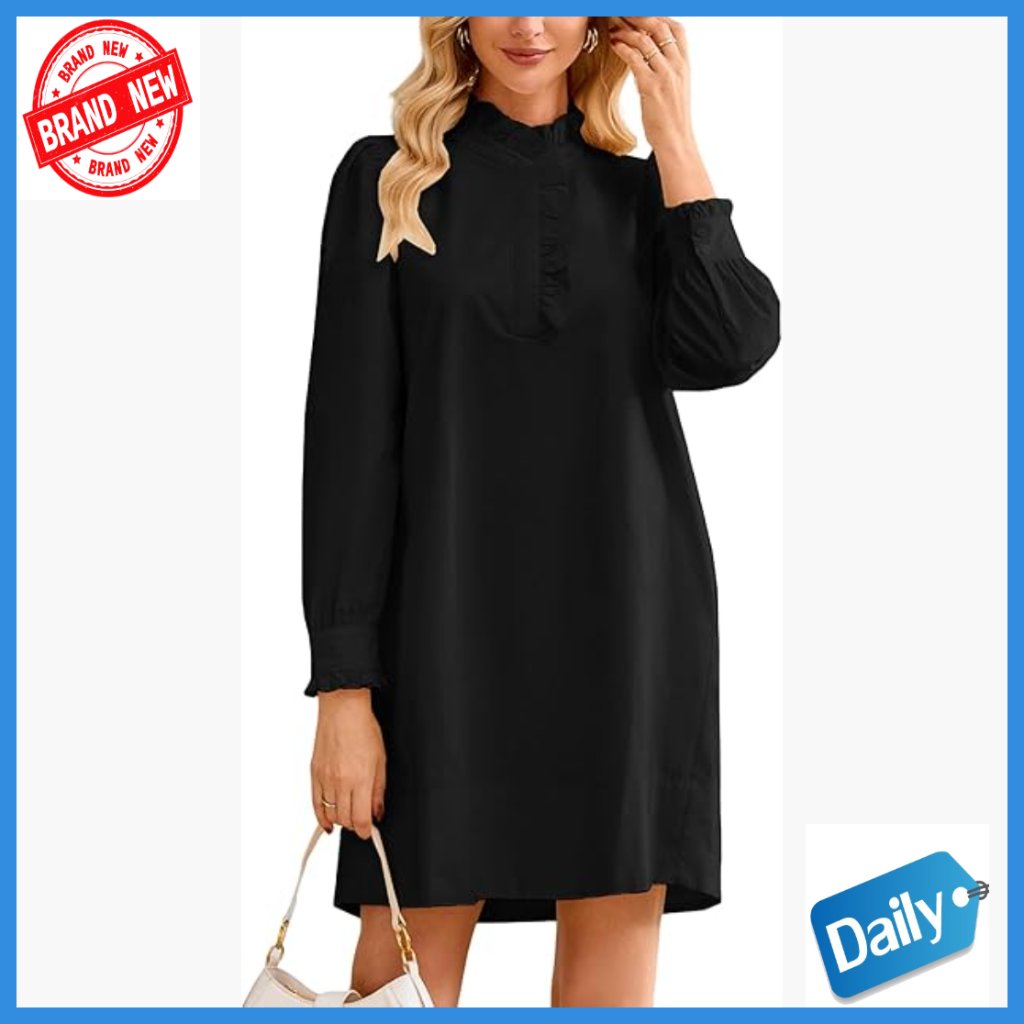 Cotton Mini Dress With Puff Sleeves Ruffle Collar Pockets Casual